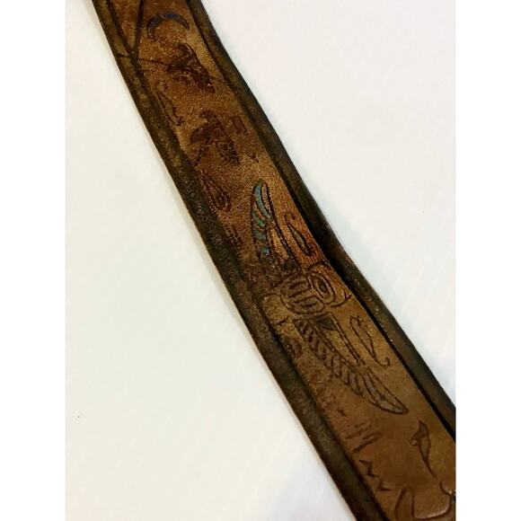 Vintage 70s Leather Belt Tooled Painted Egyptian Symbols Sz 34 Artisan Engraved - Picture 5 of 8